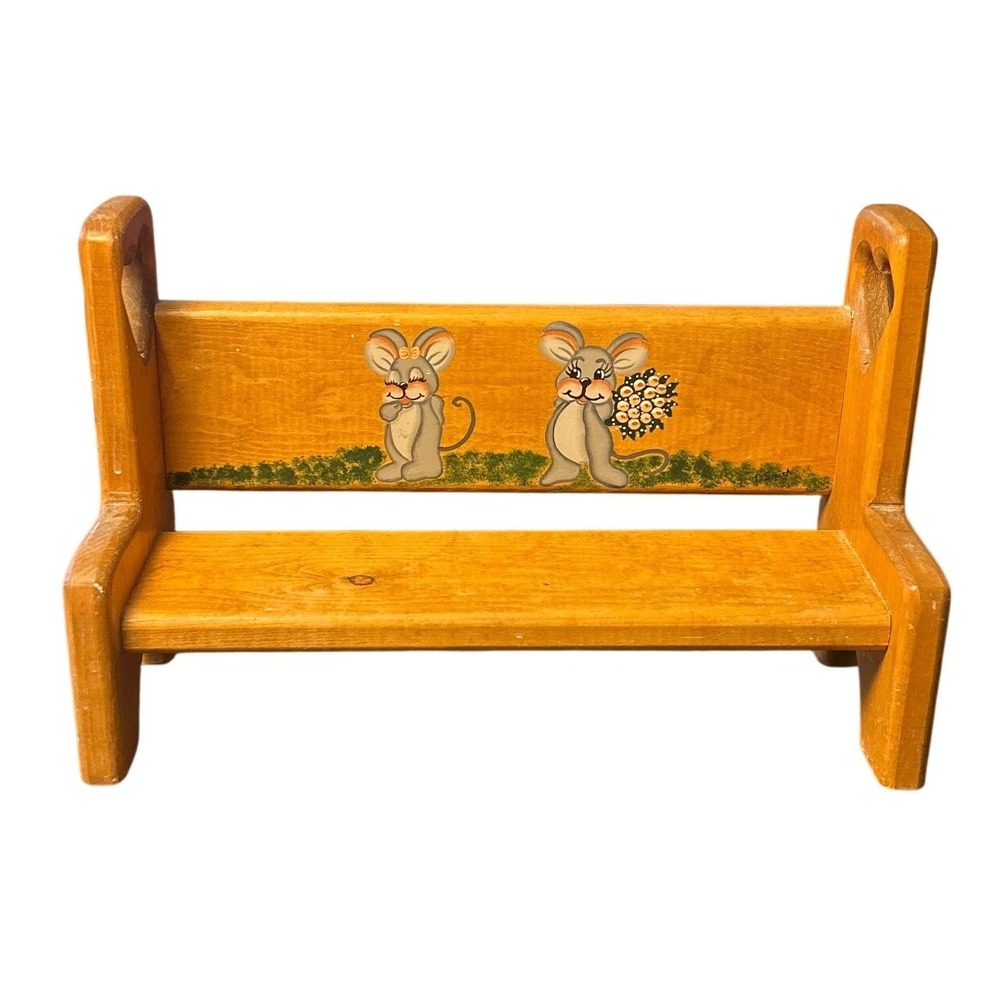 Vintage Miniature Wooden Bench Hand Painted Mice Hearts Cottagecore Farmhouse